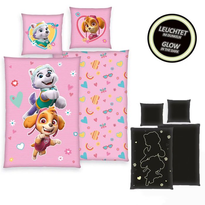 Mirdzošs tumšs gultasveļas komplekts Paw Patrol Girls, 135x200, 80x80 cm||TavsSapnis