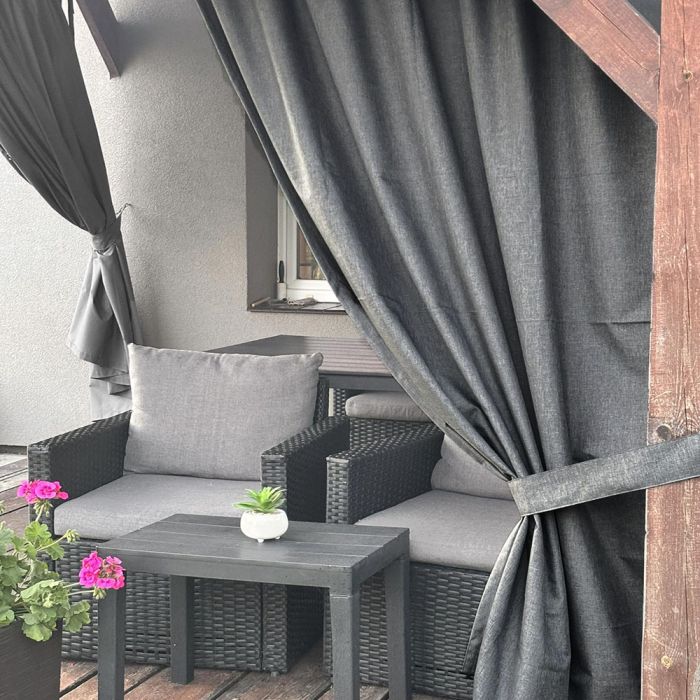 Terases aizkars Linen Graphite ar UV aizsardzību, ar sasienamo lenti||TavsSapnis
