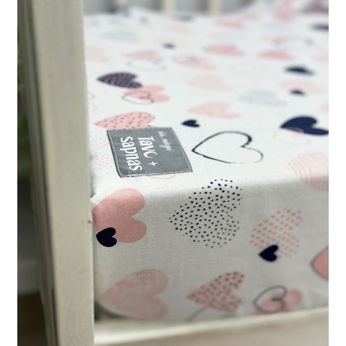 Kokvilnas palags ar gumiju Rozā sirdis, 70x140 cm||TavsSapnis