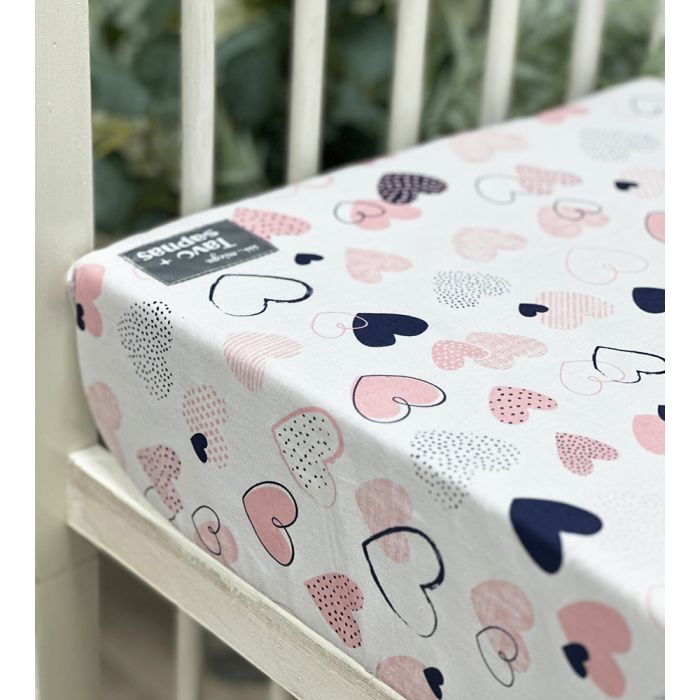 Audekla palags ar gumiju Rozā sirdis, 90x200 cm ||TavsSapnis