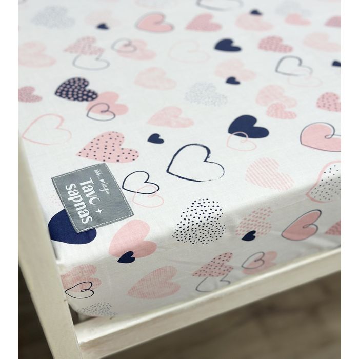 Audekla palags ar gumiju Rozā sirdis, 90x200 cm ||TavsSapnis