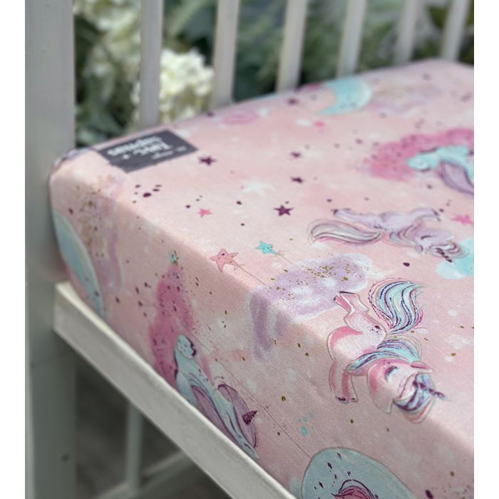 Kokvilnas palags ar gumiju Vienradži, 60x120 cm||TavsSapnis