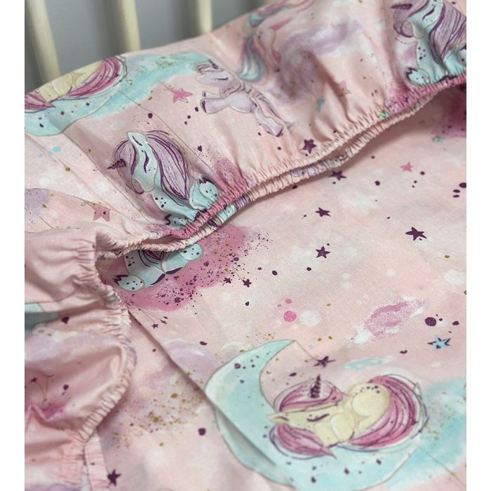 Kokvilnas palags ar gumiju Vienradži, 60x120 cm||TavsSapnis