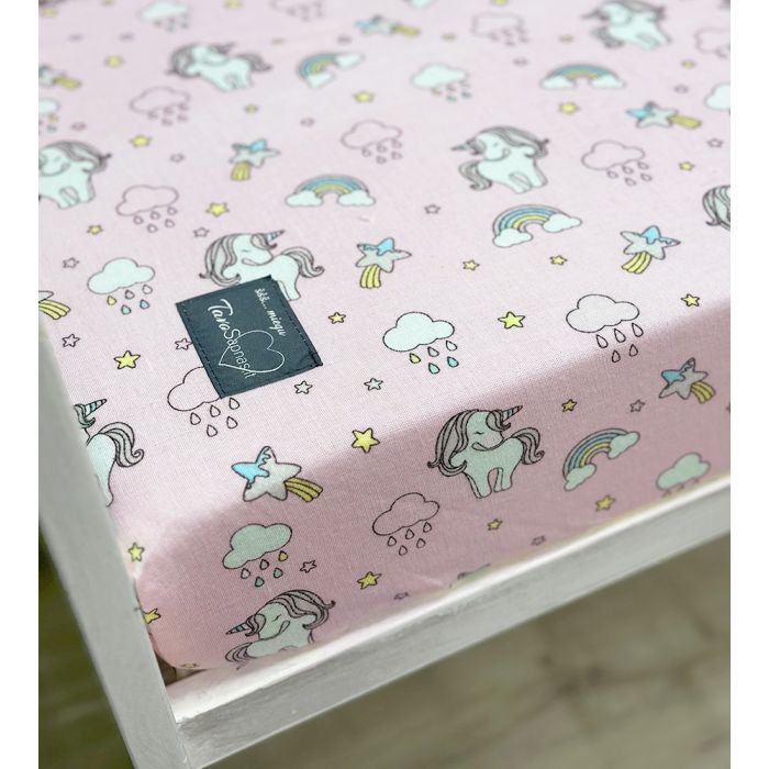 Flaneļa palags ar gumiju Vienradži, 80x160 cm, ar defektu||TavsSapnis