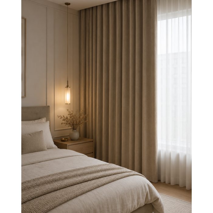 Nakts aizkaru audums Sakura Blackout Light Brown, augstums 300 cm||TavsSapnis