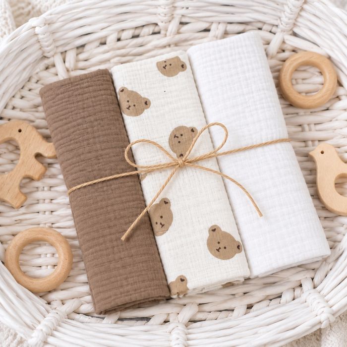 Muslīna siekalu dvielis zīdaiņiem Teddy Bear – 3 gab., 30×30 cm||TavsSapnis