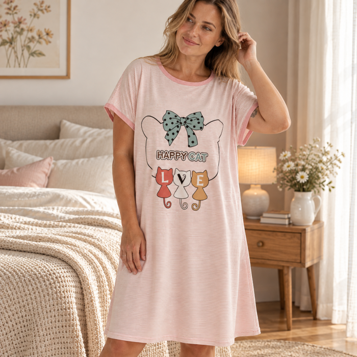 Plus izmēra kokvilnas naktskrekliņš Pink Cat||TavsSapnis