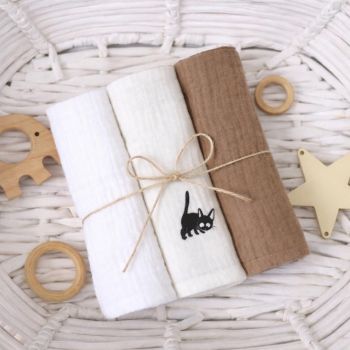 Muslīna siekalu dvielis zīdaiņiem Kaķēni – 3 gab., 30×30 cm|Gultas veļa mazuļiem|TavsSapnis