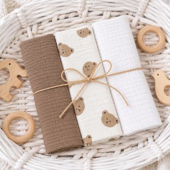 Muslīna siekalu dvielis zīdaiņiem Teddy Bear – 3 gab., 30×30 cm|Gultas veļa mazuļiem|TavsSapnis