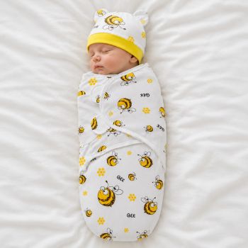 Trikotažas autiņbiksīšu kokons ar cepuri Bees, 48 cm|Gultas veļa mazuļiem|TavsSapnis